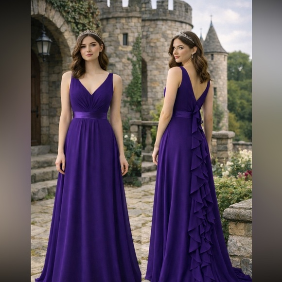 David's Bridal Dresses & Skirts - Royal Amethyst Chiffon Gown | Castlecore Ruffle Back Formal Dress